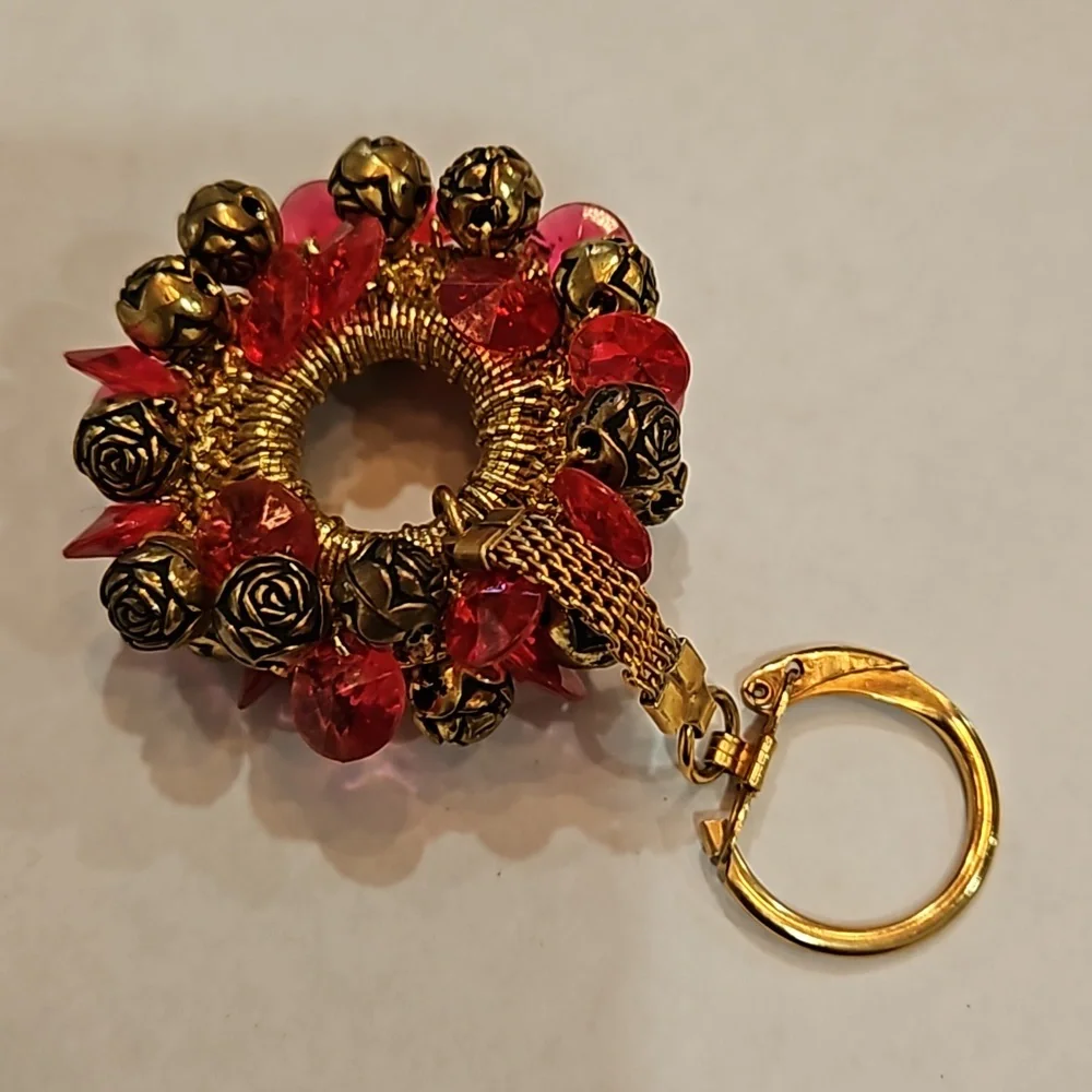 VINTAGE PINK GOLD 3 LAYERS‎ BEADED WITH FLOWERS KEYCHAIN